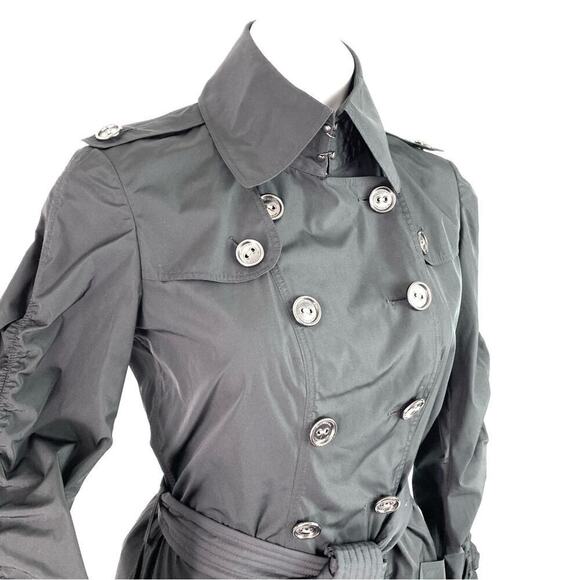 BURBERRY BLACK LONG LIGHTWEIGHT BELTED RAIN TRENCH COAT SIZE 6 - Picture 3 of 16